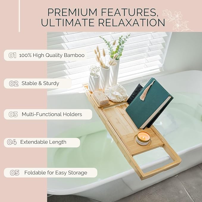 Bath Pillow and Bathtub Tray Set for Tub | Luxurious, Relaxing Home Spa Accessories with Bath Tub Pillows for Head and Neck, Foldable Bath Tray Caddy Organizer | Relaxation Gifts for Women Self Care