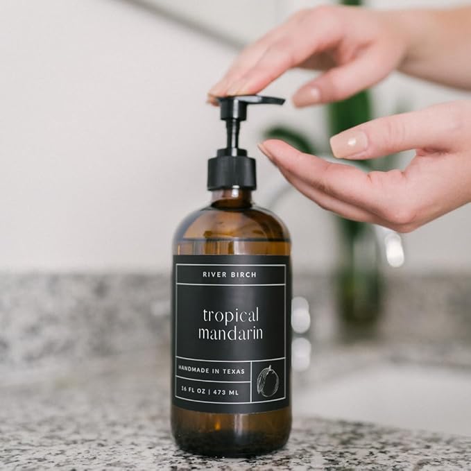 River Birch Tropical Mandarin Scented Natural Hand Soap - Handmade Soap - Moisturizing Hand Wash with Amber Glass Dispenser - Luxury Scented and Hydrating - Vegan and Non-Toxic - 16 Fl Oz