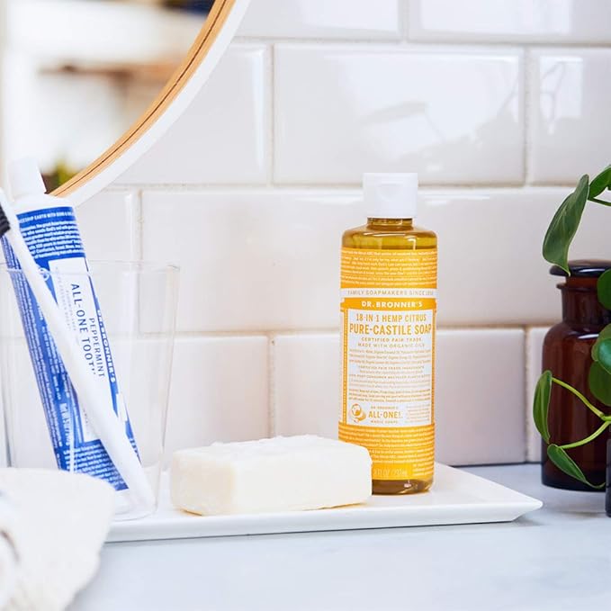 Dr. Bronner's - Pure-Castile Liquid Soap (Citrus, 8 ounce) - Made with Organic Oils, 18-in-1 Uses: Face, Body, Hair, Laundry, Pets and Dishes, Concentrated, Vegan, Non-GMO
