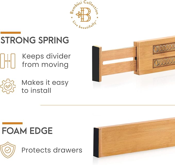 4 Pack Drawer Divider - Bamboo 2.6" High, 12.5-17" Adjustable Drawer Organizers for Clothes, Expandable Dresser Separators in Bedroom, Bathroom, Kitchen, Office Organization and Storage