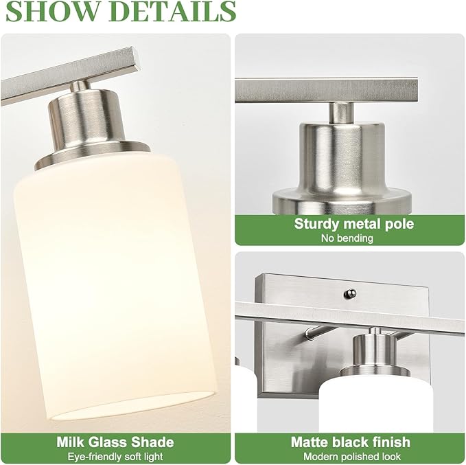3-Light Bathroom Light Fixtures, Brushed Nickel Vanity Light with Milky White Shades, Bathroom Lighting Fixtures Over Mirror, Modern Bathroom Wall Lamp for Mirror Living Room Cabinet Bedroom
