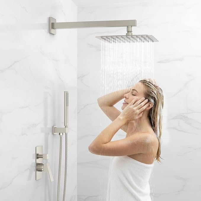 Rain Shower System Sets Faucet: EMBATHER 10 Inch Overhead Rainhead Shower Combo Set With Handheld And Valve-Luxury Modern Mixer Rainfall Brushed Nickel Shower Faucets Sets Complete