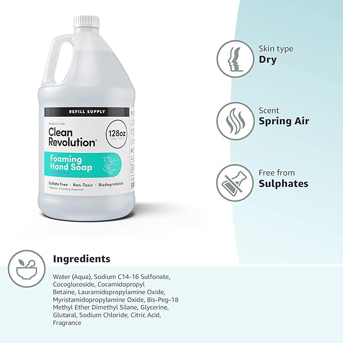 Clean Revolution Foaming Hand Soap Refill Supply Container, Ready to Use Formula, Spring Air Fragrance, Gluten Free, 128 Fl. Oz