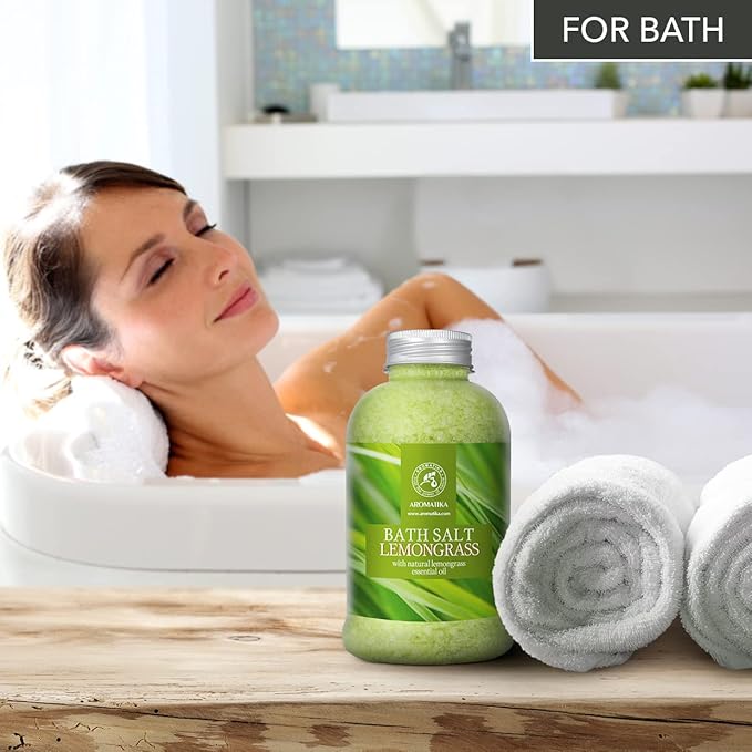 Bath Salts w/Natural Essential Lemongrass Oil 21.16 oz - Sea Salt Bath for Good Sleep - Bathing - Body Care - Wellness - Beauty - Relaxation - Aromatherapy - Spa - Bath Supplement