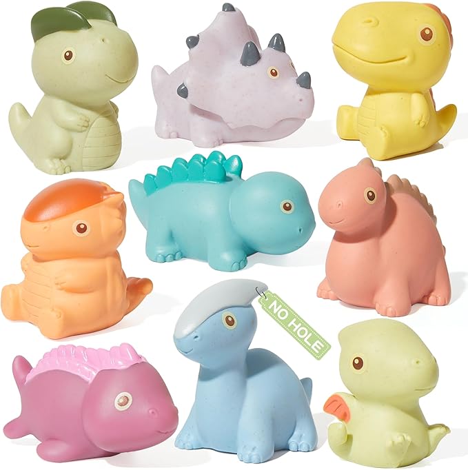 Bath Toys, Dinosaur 9 Pack | Sealed, No Hole & Mold Free Bath Toys Design | Soft, Squeezable & Float on Water | Safe & Non-Toxic Easy-Grip Baby & Toddler Bath Toy Set | Baby Pool Toys