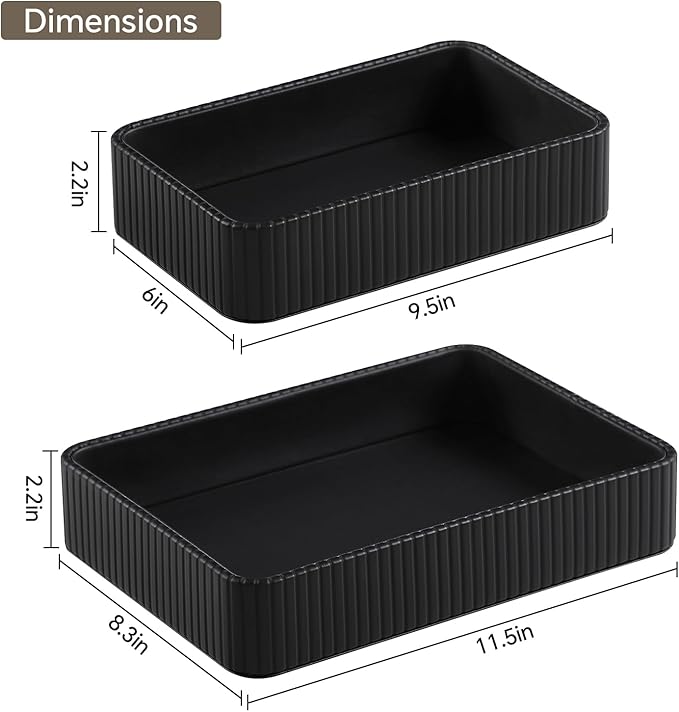 2 Pack Nightstand Organizer Tray, Decorative Perfume Valet Tray Trinket Dish Catch All Purse Key Bowl, PU Leather Coffee Table Trays for Vanity Dresser Bedside Bathroom Countertop (Black)