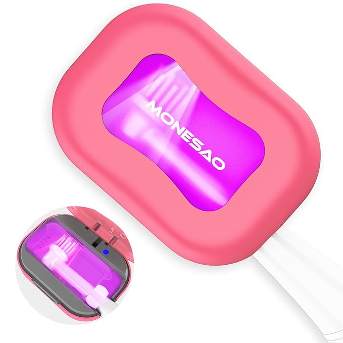 MONESAO Toothbrush Sanitizer Covers, Toothbrush Case with Violet Light - Rechargeable Cleaner Case - Auto Home Travel Tooth Brush Cap Box for Any Electric and Manual Toothbrushes (Pink)