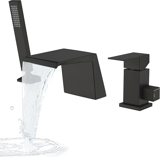 LIWEIKE Black Roman Tub Faucet with Sprayer, Deck Mount Roman Bathtub Faucet Set with Hand Shower for 3 Holes Single Handle Waterfall Tub Filler, Matte Black