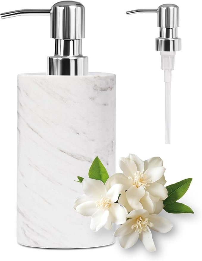 Marble Soap Dispenser with Stainless Steel Pump, White Hand Liquid Soap Dispenser, 6 Ounces for Bathroom