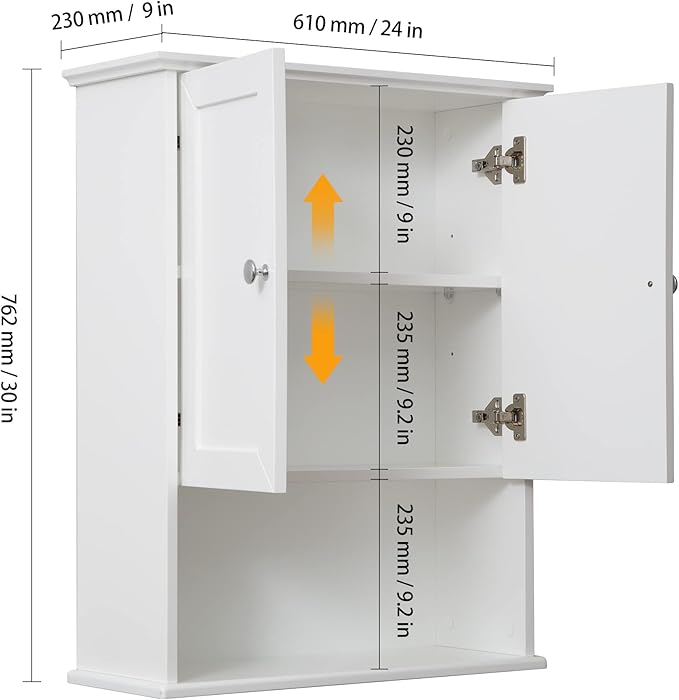 White Bathroom Wall Cabinet Over The Toilet Storage Cabinet, 24x30 Inch Wood Medicine Cabinets Wall Mounted Bathroom Cabinet with Doors for Laundry Room, Bedroom Kitchen