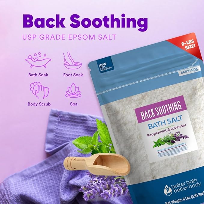 Back Soothing Bath Salt 128 Ounces (8 Lbs) USP Grade Epsom Salt with Natural Peppermint and Lavender Essential Oils Plus Vitamin C Made with Natural Ingredients
