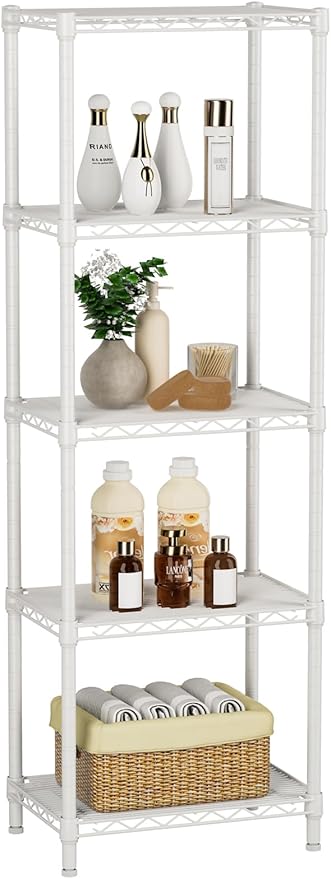 Small 5 tire Shelves Storage Wire Shelving Unit Metal Shelf Adjustable Organizers Storage Shelving for Bathroom Laundry Room Kitchen Pantry10”D x 16”W x 55”H White