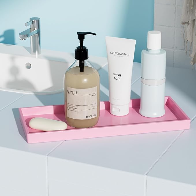 Vanity and Bathroom Tray, 11.8" ABS Countertop Organizer,Waterproof Vanity Tray for Toilet Tank,Perfume,Soap,Keys,Bathroom Accessories,Kitchen and Bath Trays,Non Slip Small Trays,Pink