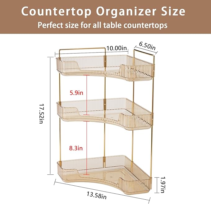 3-Tier Corner Bathroom Counter Organizer – Classic Storage Shelf for Makeup, Perfume & Toiletries, Space-Saving Countertop Tray Fits Bathroom, Dresser, Kitchen (Vintage Gold)