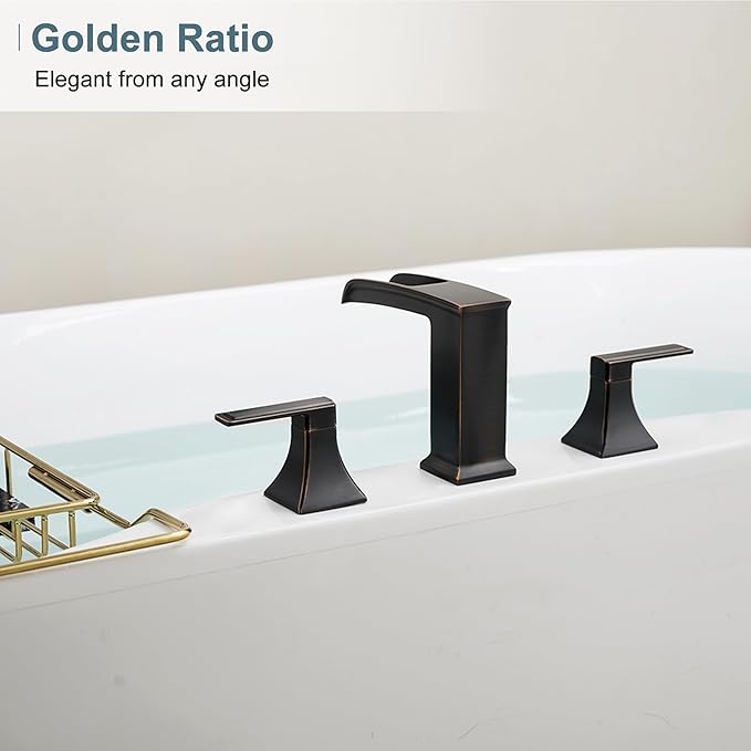 Waterfall Roman Tub Faucet, Solid Brass Oil Rubbed Bronze Bathtub Faucet, High Flow Deck Mount Tub Faucet Set, 3 Hole Widespread Bathtub Faucets with 2 Handles No Leaks 15 Mins to Install