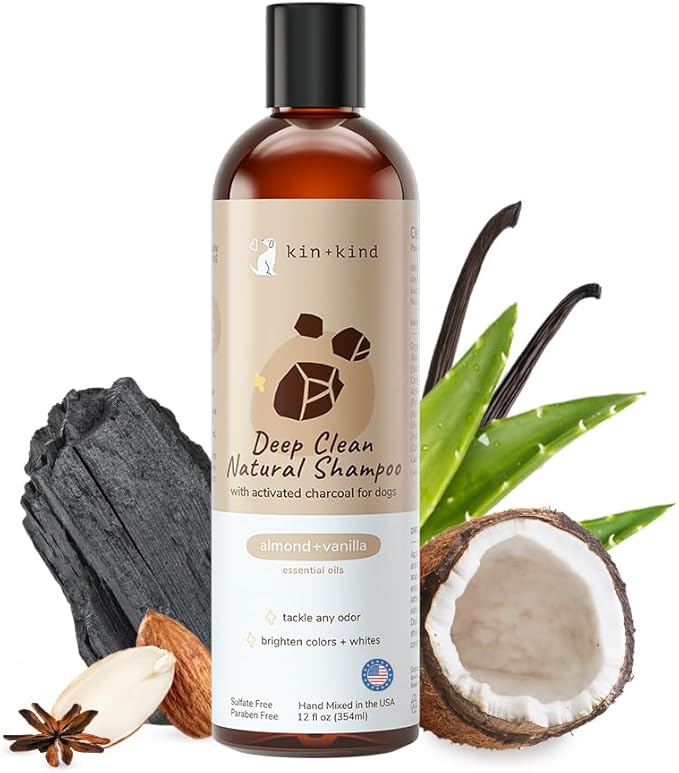 kin+kind Dog Shampoo with Activated Charcoal - Deep Clean Deodorizing Dog Shampoo for Dirt, Odor & Itch Relief - Gentle Grooming Pet Supplies with Natural Aloe, Almond & Vanilla 12 fl oz