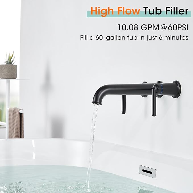 Wall Mount Tub Filler Tub Faucet with Rough-in Valve High Flow Tub Faucets 2-Handle Wall Mounted Bathtub Faucet Brass Roman Bath Tub Faucet Set Matte Black (WT-9806BK)