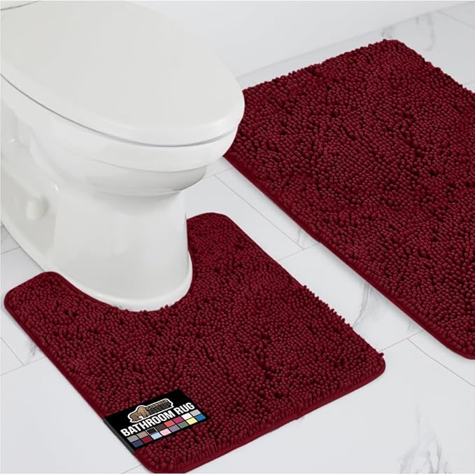 GORILLA GRIP Bathroom Rug Sets, Soft Chenille 2 Piece Area Rugs Set, Toilet Base Mat and 30x20 Carpet, Absorbent Microfiber Washable Mats Dry Quickly, Home Décor and Bath Room Accessories, Burgundy