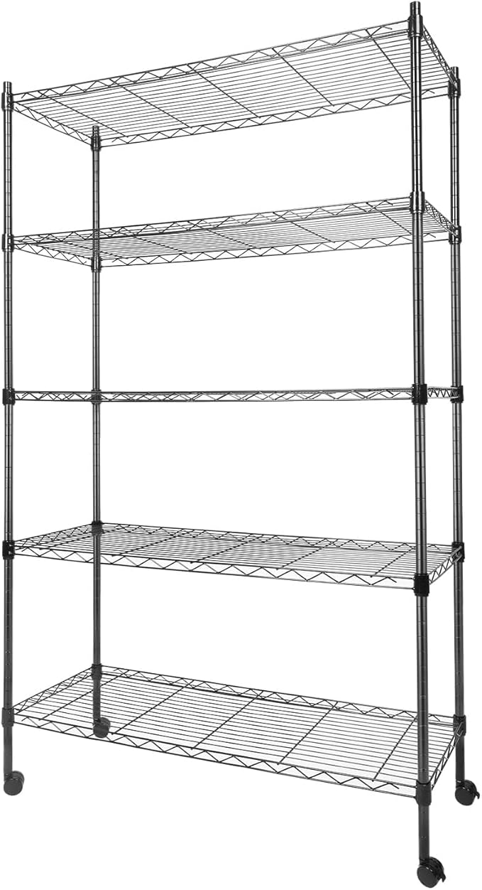 Whitmor 5 Tier Metal Storage Shelves, Heavy Duty with 4 Wheels & Adjustable Feet, 400 lbs Capacity per Shelf, Max 2000 lbs Total for Home, Garage, Workshop, 36" L x 14" W x 60" H, Black
