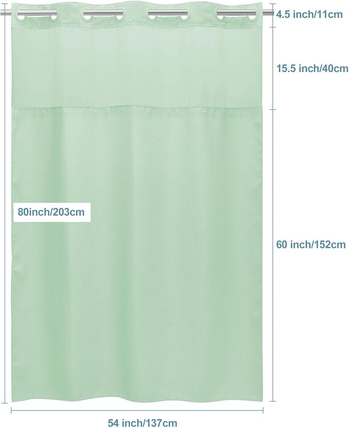 Mint Green Stall No Hook Shower Curtain with Snap in Liner,230GSM Waffle Weave Shower Curtains for Bathroom,54W x 80H