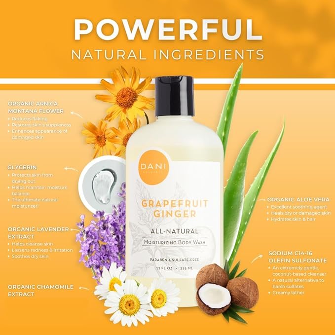 DANI Naturals Moisturizing Body Wash - Grapefruit Ginger Scent, Organic Aloe Vera & Glycerin, Sulfate-Free, Vegan, pH-Balanced, 12 oz - Refreshing, Moisturizing Shower Gel for Soft Skin