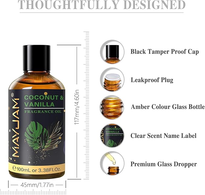 MAYJAM 100ML/3.38FL.OZ Coconut & Vanilla Fragrance Oils with Glass Dropper, Essential Oils for Diffusers for Home, Long Lasting Scented Oils for Diffusers Soap Candle Making