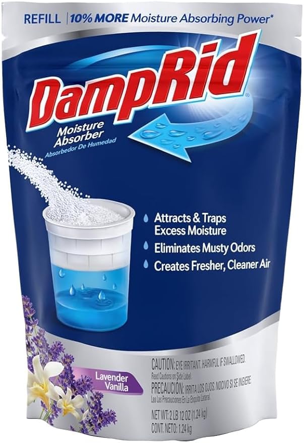 Damp Rid Refillable Moisture Absorber, Includes Single Damp Rid Lavender Vanilla 11oz. Cup & 44oz. Refill Bag - Moisture Absorbers for Closet, 10% More Absorbing Power*, Cleaner Air - ILIOS Packaging.