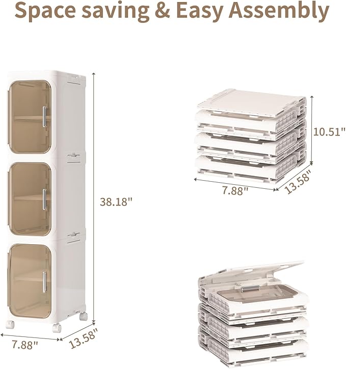 KHNR 3-Tiers Slim Bathroom Storage Cabinet, Foldable Storage Cabinets,Narrow Bathroom Storage,Movable Bathroom Storage Organizer for Small Spaces,Bathroom,Kitchen,Laundry,Cream White