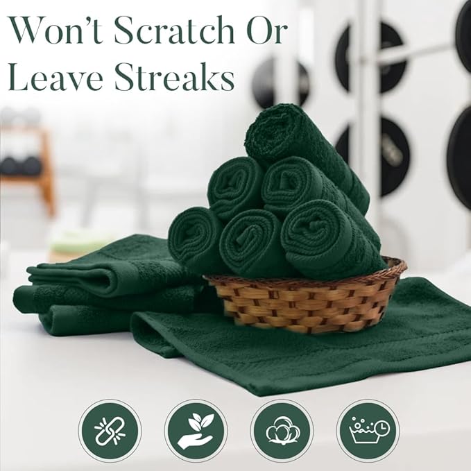 DAN RIVER 12-Pack Premium 100% Cotton Huntergreen Face Towels – Reusable Face Towel Set, Soft & Absorbent Cleaning Rags for Bathroom & Body – Hand and Face Towels, 550 GSM (12x12 in)
