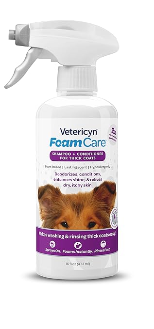 Vetericyn FoamCare Dog Shampoo and Conditioner - Instant Foaming, Spray-On Hypoallergenic Shampoo for Thick Coats, Plant-Based Formula for Dogs and Cats. 16 Ounce