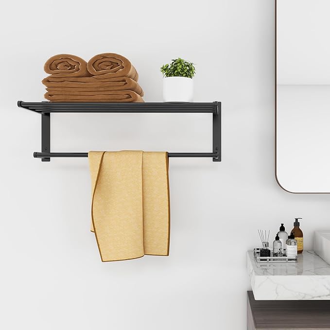 24 Inch Towel Racks for Bathroom, 2 Tire Bathroom Shelf with Towel Bar, Rustproof Wall Mounted Towel Rack SUS304 Stainless Steel, Bathroom Accessories Lavatory Towel Storage - Black