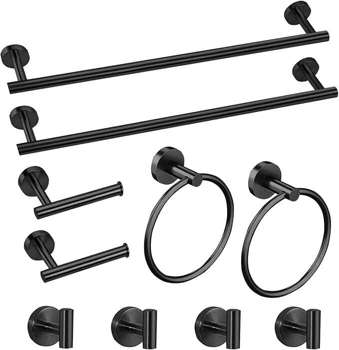 Cilee 10-Piece Matte Black Bathroom Accessories Set, 16 inch Towel Rack + Towel Ring + Robe Towel Hook + Toilet Paper Holder for Bathroom Wall, Stainless Steel Towel Bar