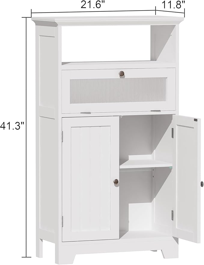 ChooChoo Bathroom Floor Storage Cabinet with Flip Glass Drawer, Freestanding with 2 Doors, Adjustable Shelf & Open Storage for Living Room, Hallway, White