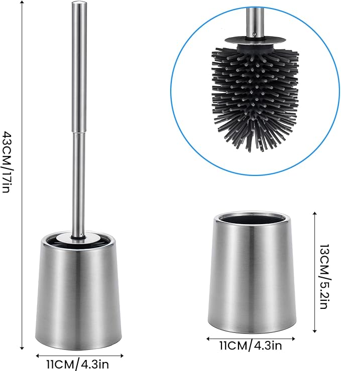 SUS304 Stainless Steel Toilet Brush and Holder Toilet Brush Bowl Cleaning Brush Double Layer Holder Long Brush Handle High Density Silicone Head