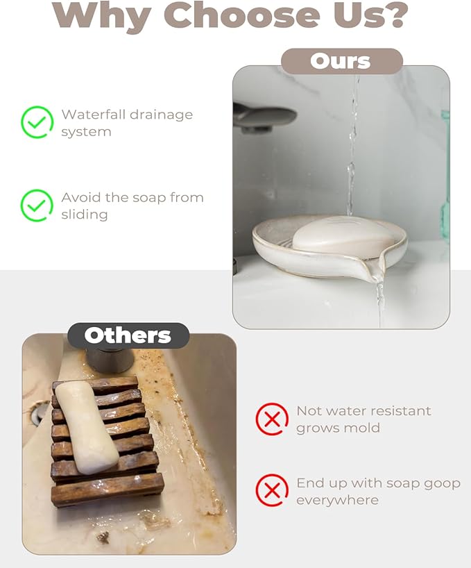 Soap Dish with Drain, Ceramic Soap Holder Self Draining Bar Soap Saver with Waterfall Design for Shower Bathroom Kitchen Sink Bathtub, Beige White