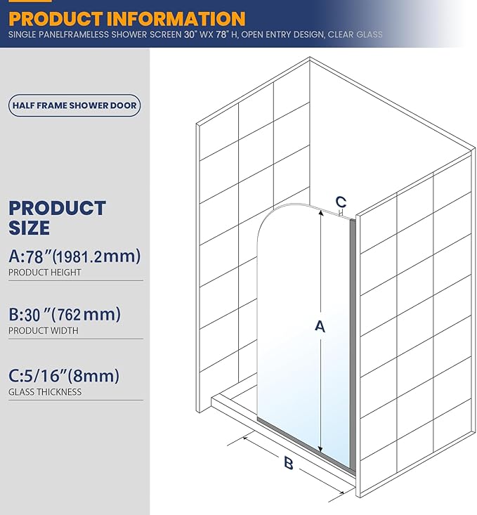 Glass Shower Panel, 30" W x 78" H Semi-Framed Fixed Shower Panel in Brushed Gold with 5/16"(8mm) Clear Tempered Glass Door, Simple Shower Door Panel for Bathroom
