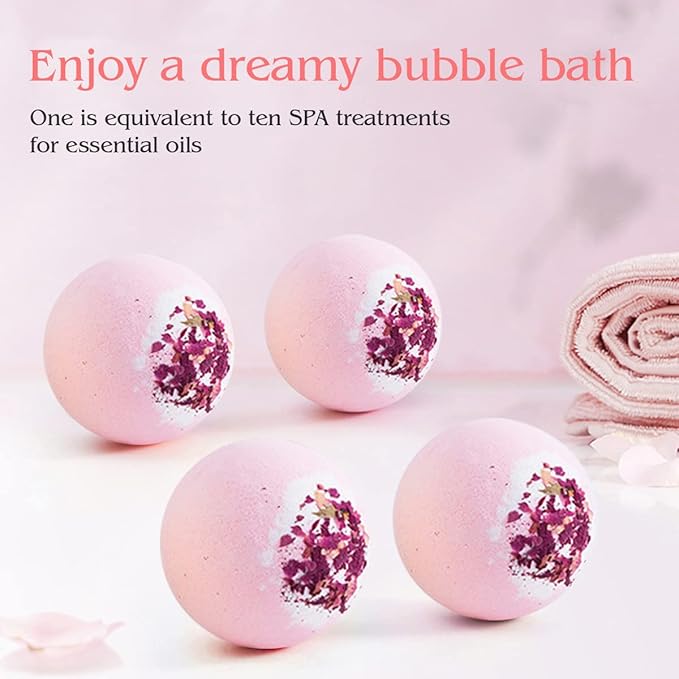 Dried Flower Bath Bombs Salt Balls,4-Pack Gift Set,Rose Extract Essential Oils,Moisturizing Dry Skin,Fizzy Spa,Relaxation,Self Care,Relaxing,Bubble Bath Bomb Gifts Idea for Men Women