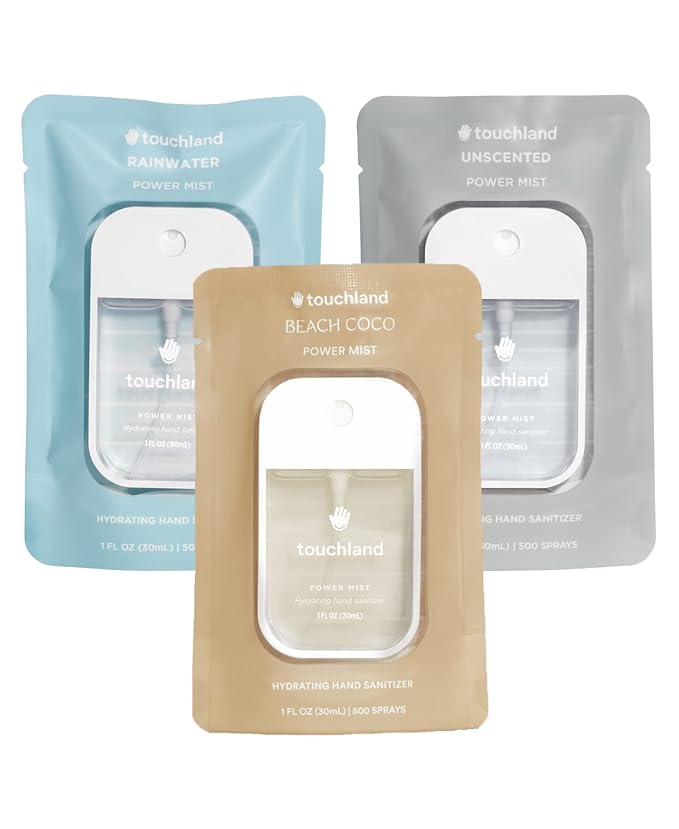 Touchland Hydrating Hand Sanitizer Spray, DYE FREE Trio Set (Rainwater, Unscented, Beach Coco), 1 FL. OZ. Travel Size Power Mist Sprays (Set of 3)