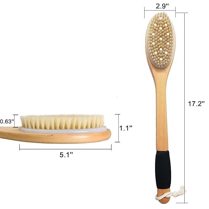 OWIIZI Bath Brush with Cellulite Massagers, Wooden Curved Long Handle Antiskid Dry Brushing Body Brush for Exfoliating, Natural Bristle Back Scrubber for Shower Use Wet or Dry for Men Women Elders