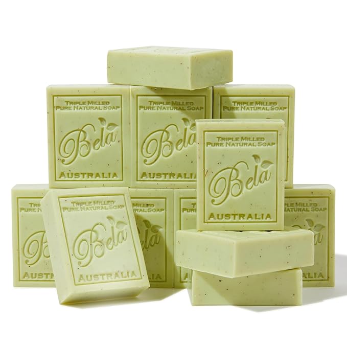 BELA Lemon Myrtle and Lemongrass Soap 3.3 OZ Pack of 12, Long Lasting French Triple Milled Bar Soap with Organic Shea Butter Hand, Face and Body Wash Bar, Made in Australia