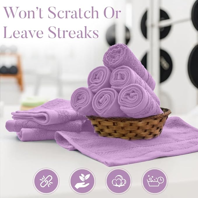 DAN RIVER 12-Pack Premium 100% Cotton Lavendar Face Towels – Reusable Face Towel Set, Soft & Absorbent Wash Rags for Bathroom & Body – Hand and Face Towels, 550 GSM (12x12 in)