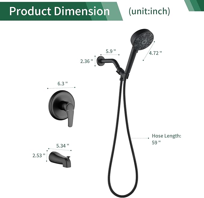 Shower Faucet Set with Tub Spout Tub and Shower Faucet Set Complete with Handheld Shower Head Shower Combo Set Shower System with Tub Spout Tub and Shower Trim Kit Matte Black