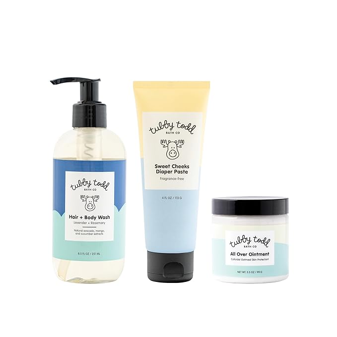 TUBBY TODD Baby Bundle Newborn Skin Care Set - Hypoallergenic Hair + Body Wash, All Over Ointment with Colloidal Oatmeal, Sweet Cheeks Diaper Paste - Lavender Rosemary, Standard Size