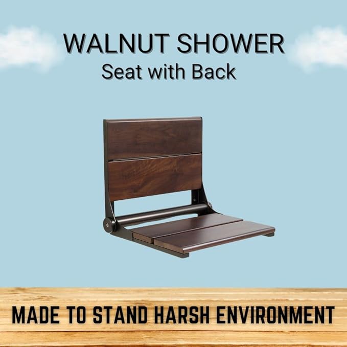 Folding Shower Seat Wall Mounted with Back | 500 lbs Maximum Load Capacity | ADA Compliant Safety Assist Teak Shower Seat for Seniors, Handicapped, and Children | 304 Stainless Steel Frame | 18” x 16”