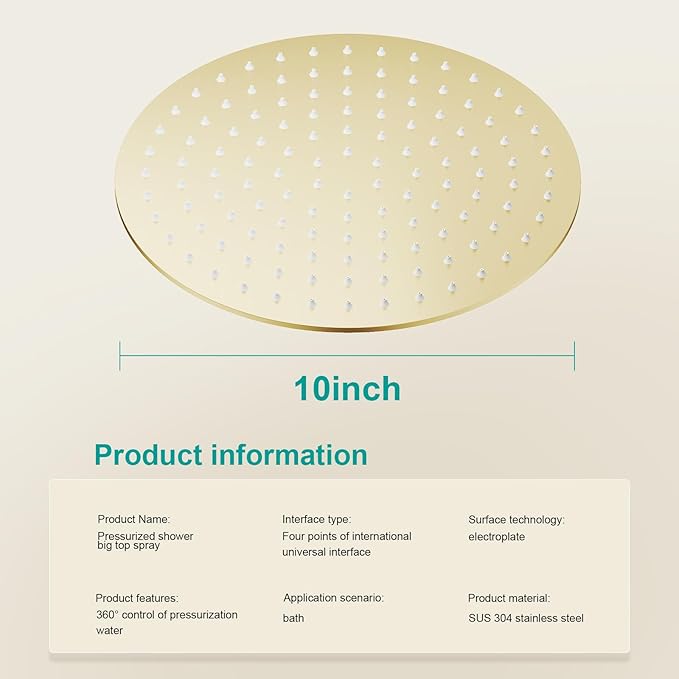 All Metal Rain Shower Head - Heavy Duty Stainless Steel, Easy Install, High Water Flow, Ultra-Thin Modern Design for Bathroom (F-Brushed Gold, 10)