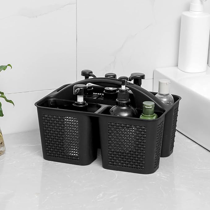 UUJOLY Plastic Portable Shower Caddy Basket Bucket, Cleaning Shower Basket with Handle Compartments Storage Basket Organizer for Bathroom Kitchen College Dorm Sink, Black