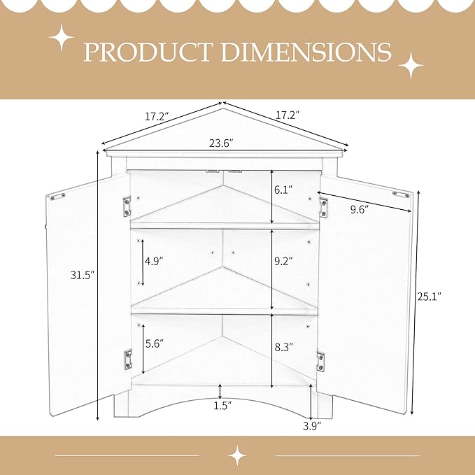 Corner Storage Cabinet with Adjustable Shelves, Triangle Bathroom & Kitchen Organizer, Freestanding Floor Cabinet for Toilet Kitchen Bathroom Cleaning Supplies (White)