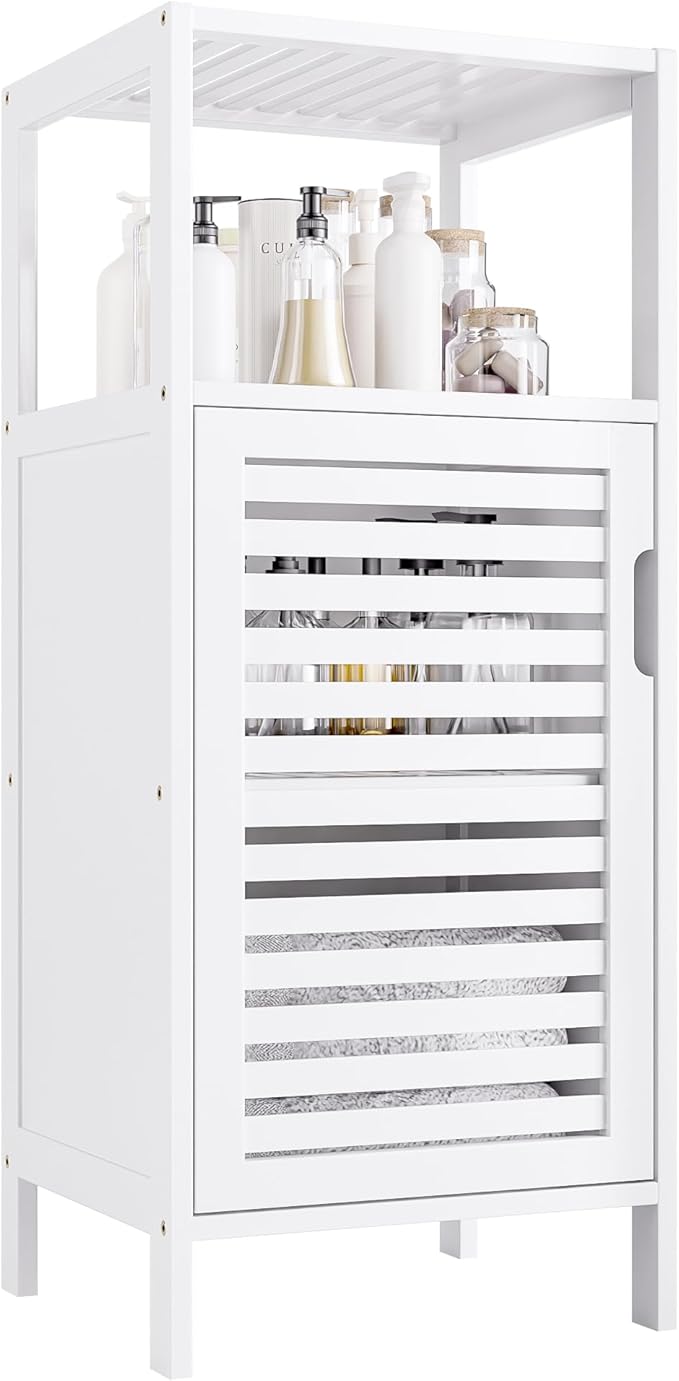 HITNET Bamboo Bathroom Storage Cabinet, 4 Tier Small White Floor Cabinet with Single Door, Free Standing Slim Narrow Storage Organizer for Bedroom Living Room