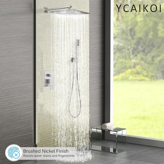 Shower Faucet Set Complete, Wall Mount Shower System for Bathroom 12 Inch High-Pressure Rainfall Shower with Handheld, Rough-in Valve Body and Trim Kit, Brushed Nickel