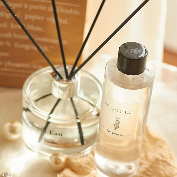 Chloefu LAN Sandalwood Essential Oil Scented Diffuser Oil 200ml/6.76 fl oz for Home, Scented Oils Diffuser Refill, Diffuser Sticks, Bathroom Diffuser, Best for Aromatherapy, SPA and Home, 0% Alcohol